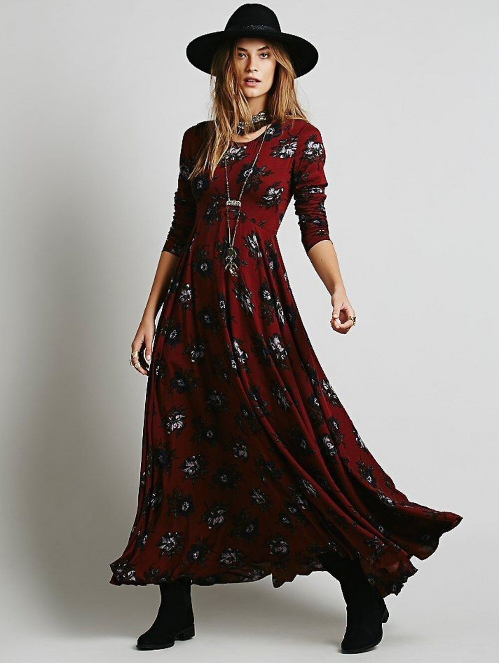 Free People "First Kiss" Maxi Dress in Burgundy Floral, Small